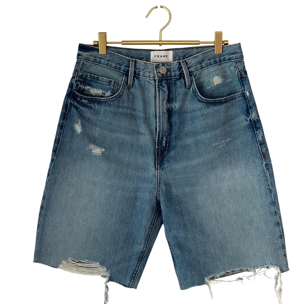 FRAME Baines Rips High Rise Distressed Denim Shorts Blue Size 28 HRBRF727